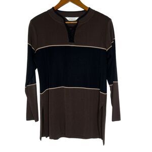 Misook Exclusively Women's Tunic Brown Black Striped Long Sleeve Top